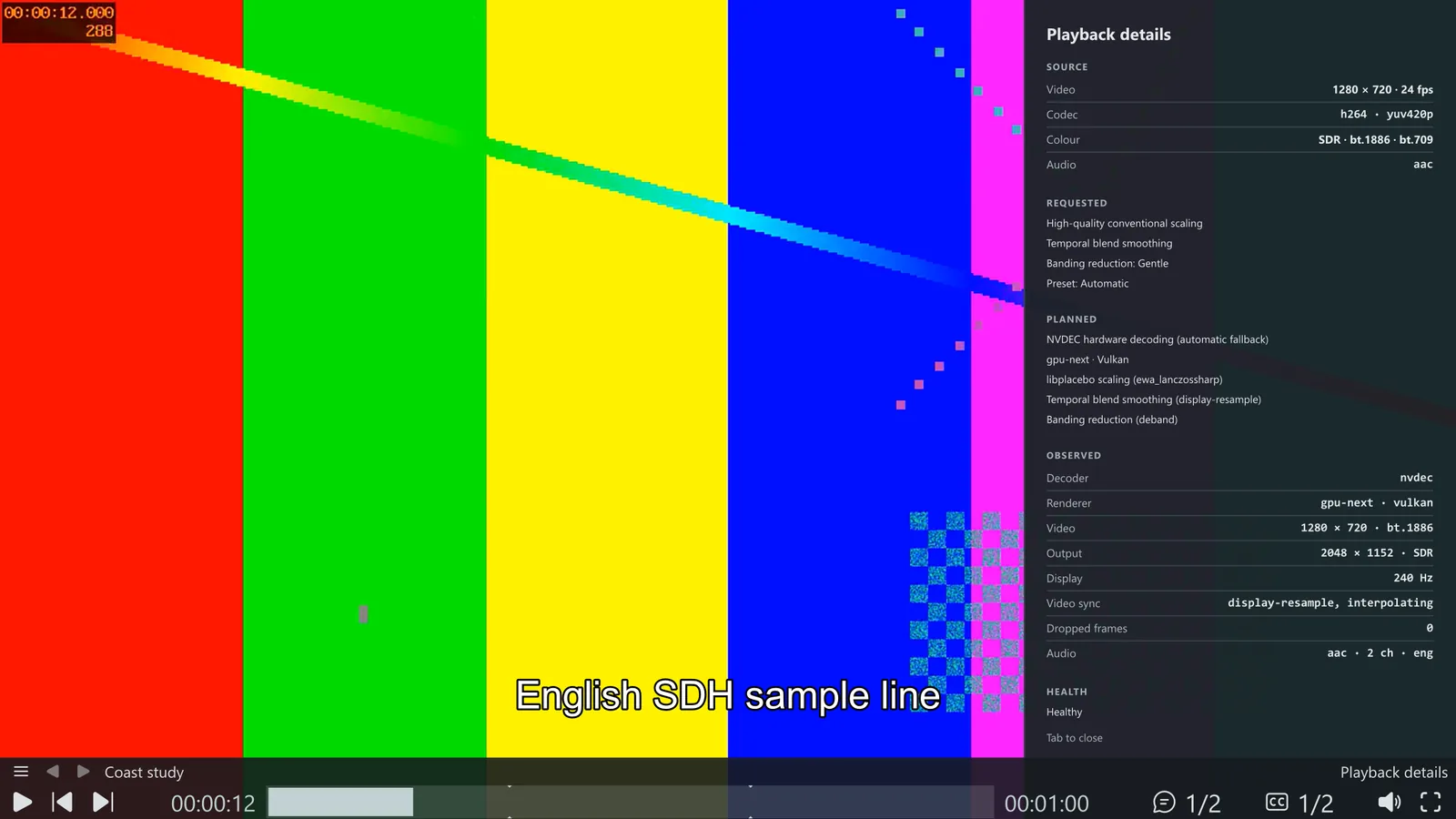 DemiMedia playing a generated colour-bar test clip with its Playback details panel open, listing the source, what was requested, what was planned and what the player observed, ending with Health: Healthy.