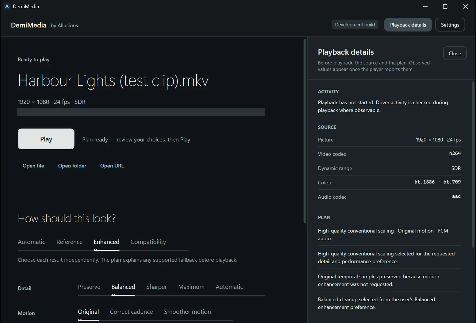 A generated test clip, Harbour Lights, ready to play: Play button, Enhanced choices, and the Playback details panel listing the source picture, codec, dynamic range and colour, then the plan with one sentence of reasoning per decision.