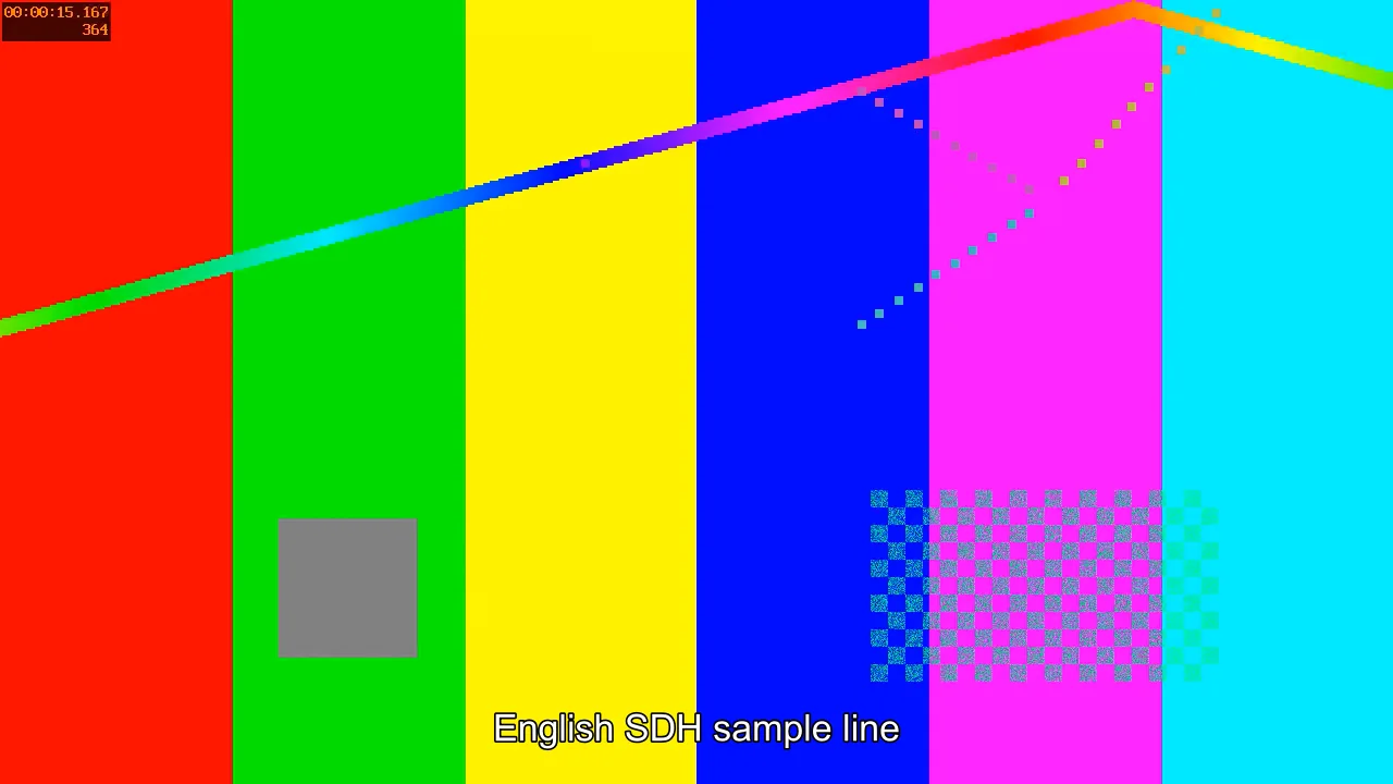 Quiet playback in DemiMedia: a generated colour-bar test clip fills the frame with an English SDH subtitle line, and no controls or panels are on screen.
