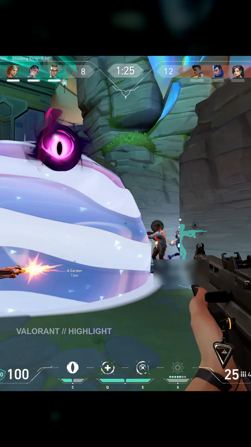 A frame from the finished vertical edit: the payoff beat, first-person gameplay with the rifle raised, the HUD and a VALORANT // HIGHLIGHT brand row, framed 9:16.