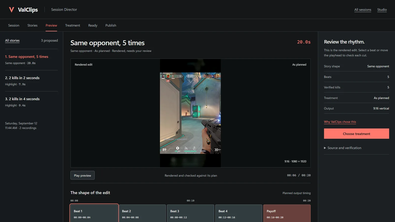 The Preview step: the story Same opponent, 5 times, its 20-second vertical rendered edit paused at 6 seconds, the other stories in a rail on the left, and five beats laid out along a timeline below.
